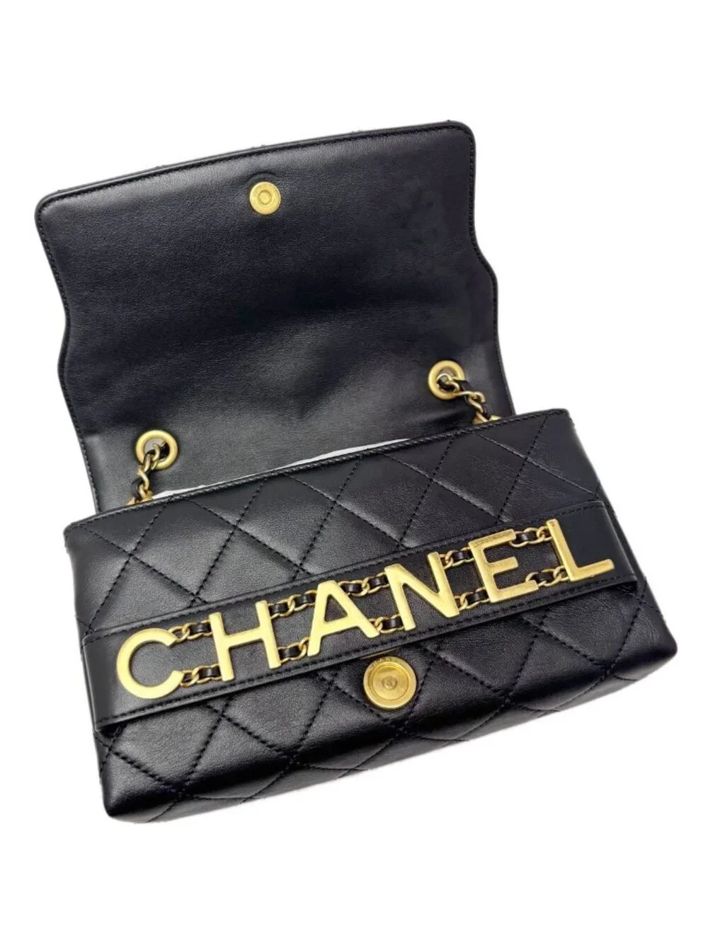 Chanel Shoulder Bag Quilted Logo Chain Black Gold Lambskin
